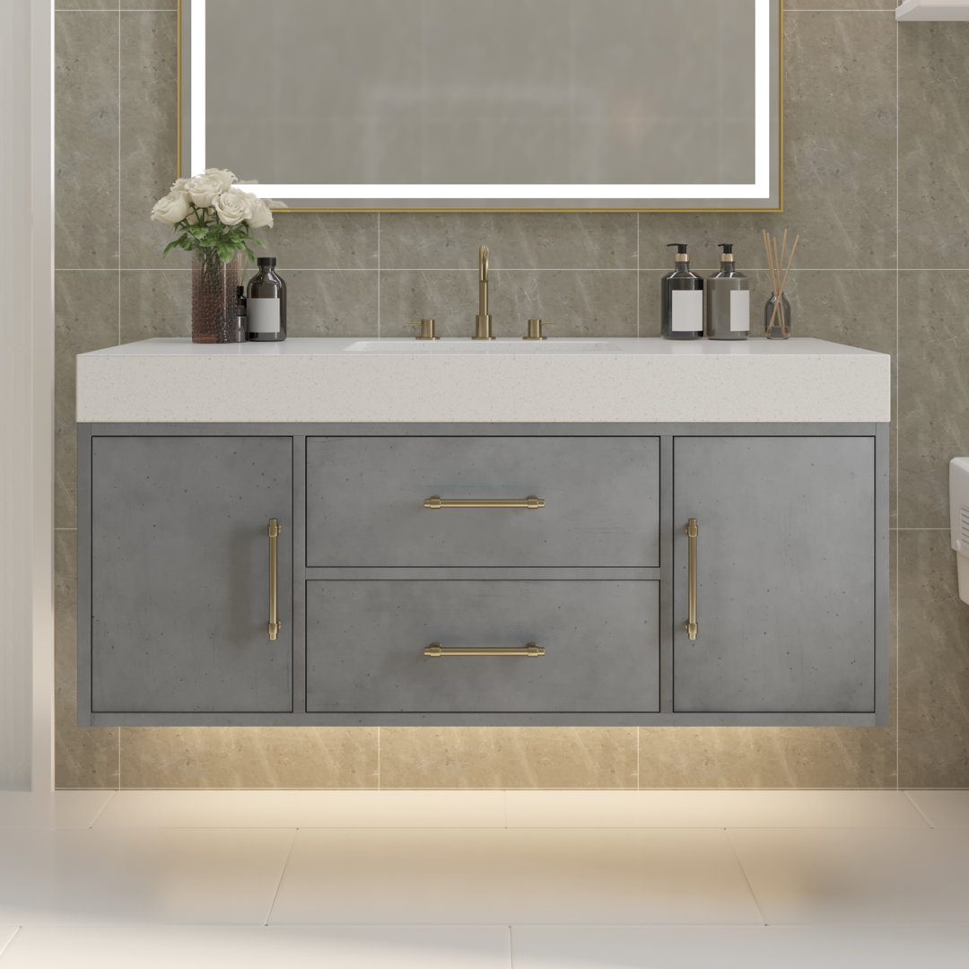 Balconera 48 Inch Wall Mounted Bathroom Vanity With Quartz Stone Countertop And Ceramic Basin